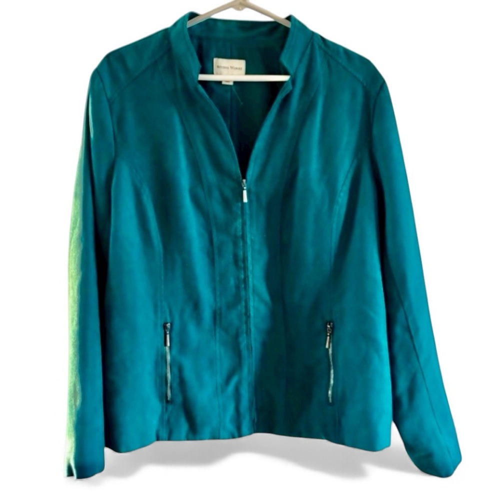 Studio Works Teal Ultra Suede Zip Up Lined Blazer Jacket Women’s Size 16